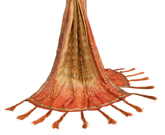 Sushila Vintage Brown & Rust Bandhani Printed Dupatta Pure Silk Long Stole Veil
