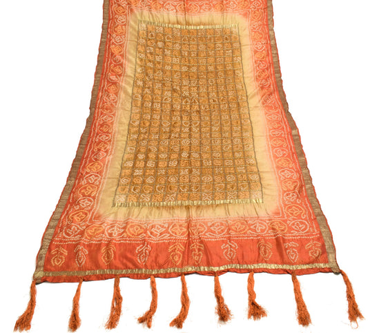 Sushila Vintage Brown & Rust Bandhani Printed Dupatta Pure Silk Long Stole Veil