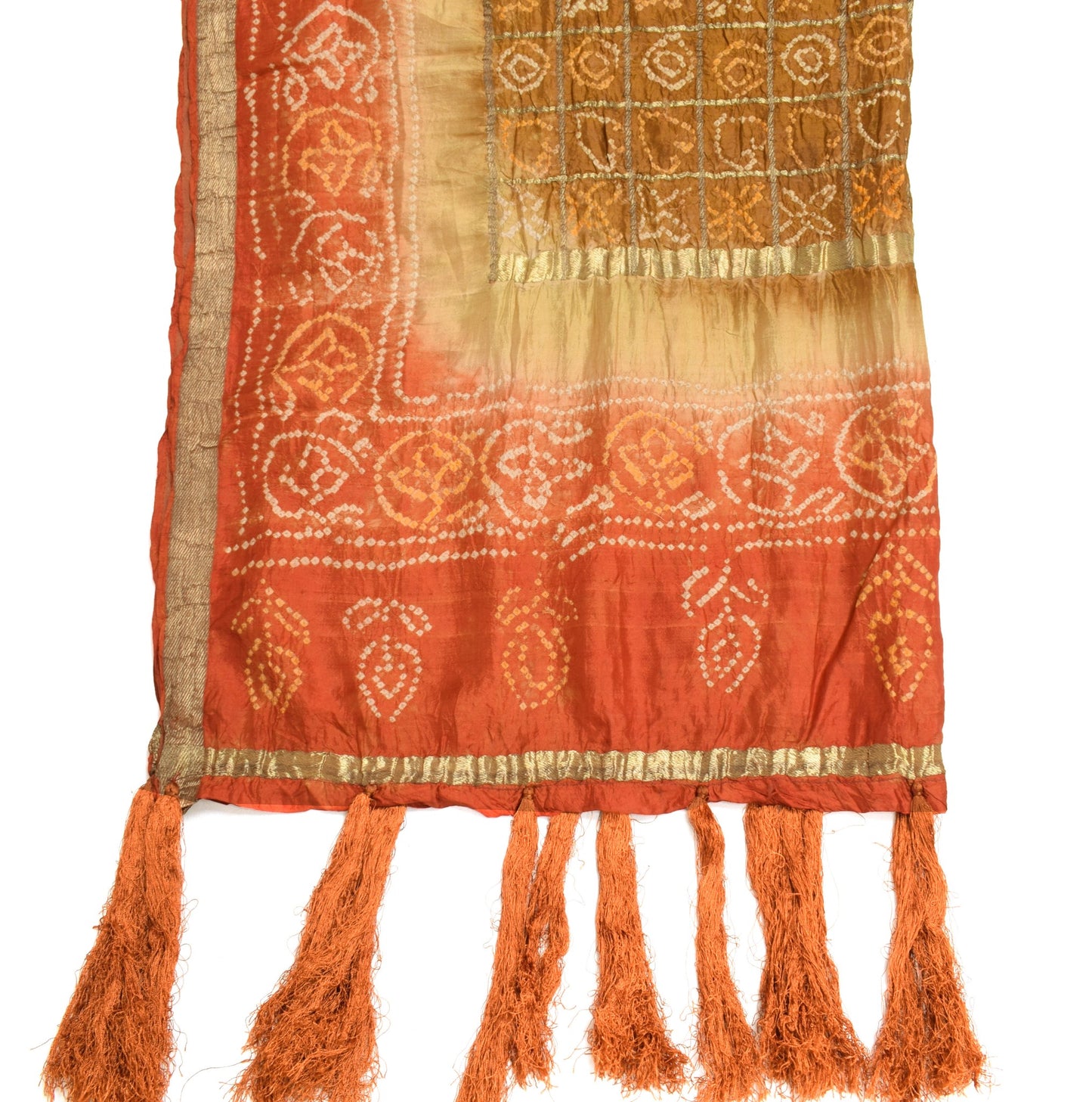Sushila Vintage Brown & Rust Bandhani Printed Dupatta Pure Silk Long Stole Veil