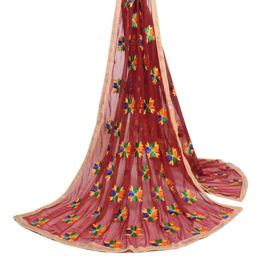 Sushila Vintage Multi-Color Thread Work Chiffon Dupatta Phulkari Long Stole Wrap