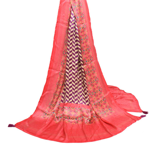 Sushila Vintage Cream 100% Pure satin Silk Dupatta Printed Stunning Long Stole
