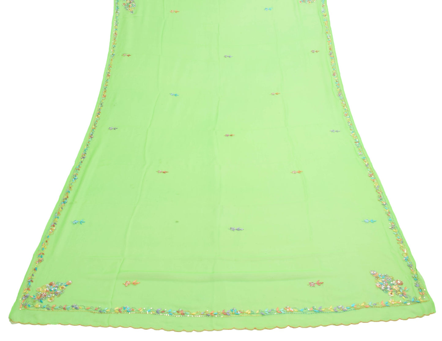 Sushila Vintage Green Georgette Silk Dupatta Hand Embraided Floral Long Stole
