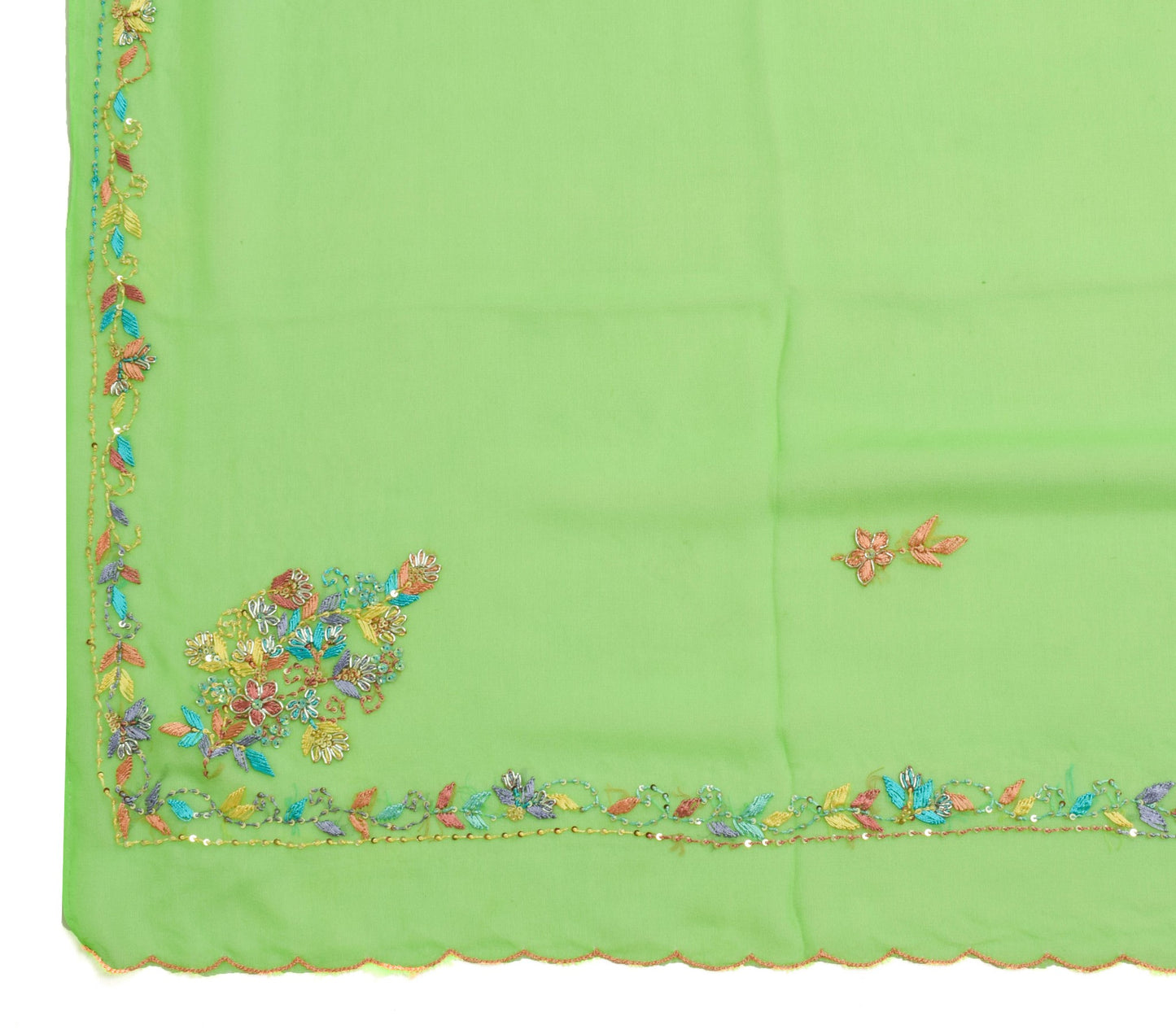 Sushila Vintage Green Georgette Silk Dupatta Hand Embraided Floral Long Stole