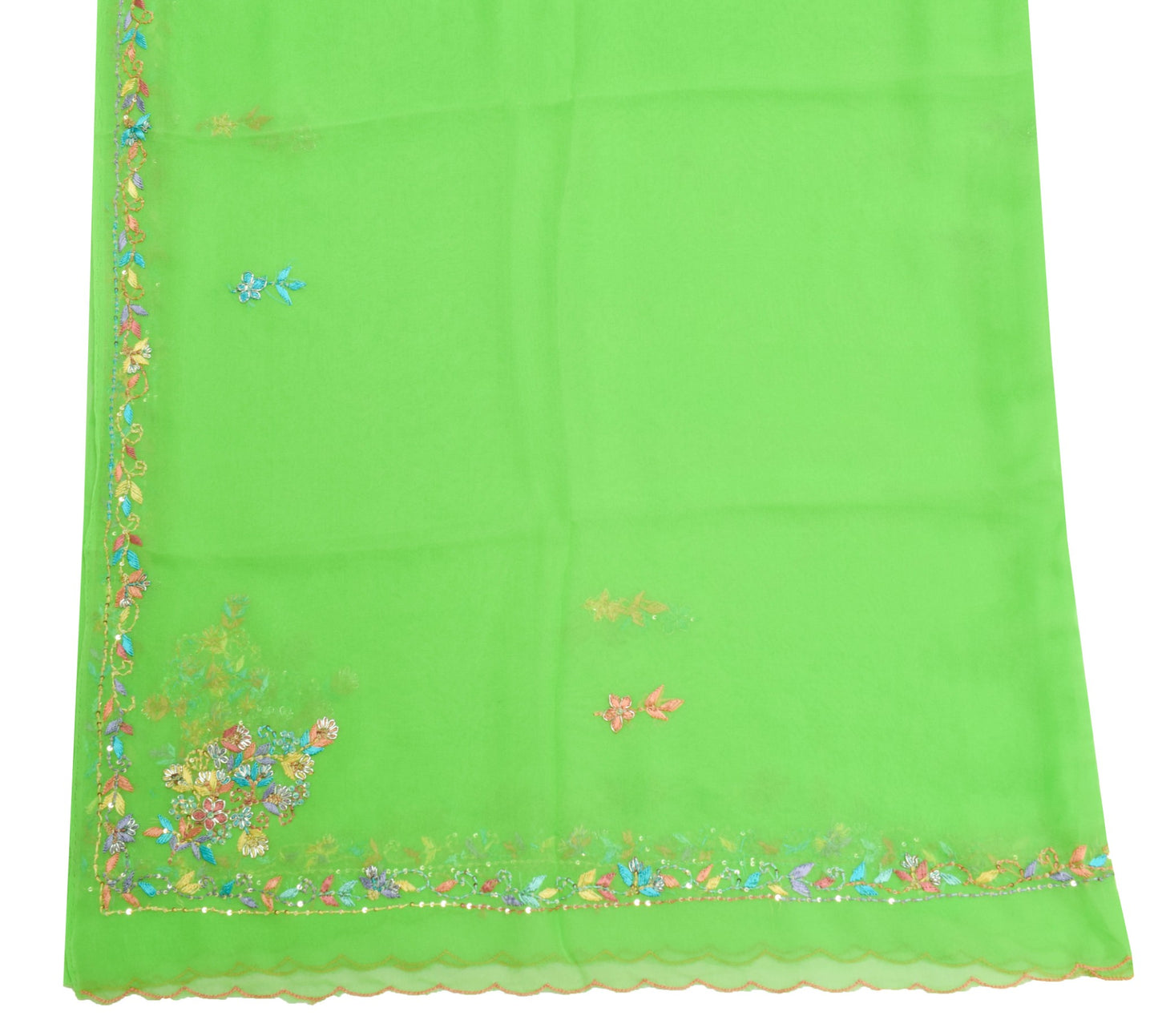 Sushila Vintage Green Georgette Silk Dupatta Hand Embraided Floral Long Stole