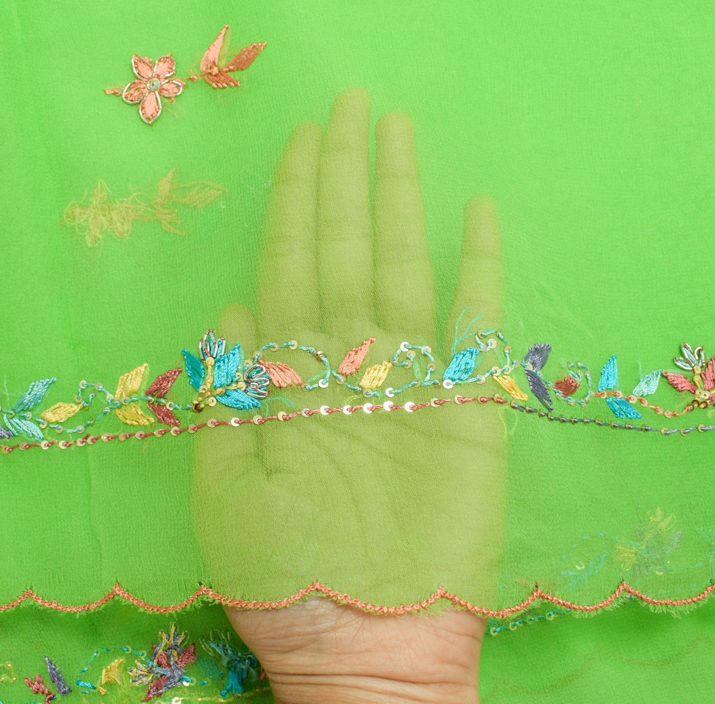 Sushila Vintage Green Georgette Silk Dupatta Hand Embraided Floral Long Stole