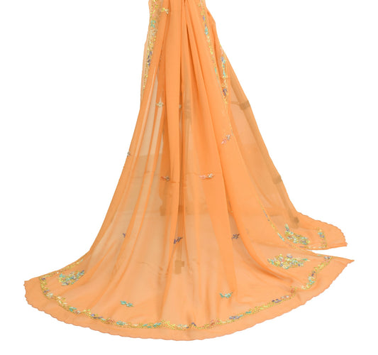 Sushila Vintage Orange Floral Dupatta Georgette Silk Hand Embroidered Long Stole