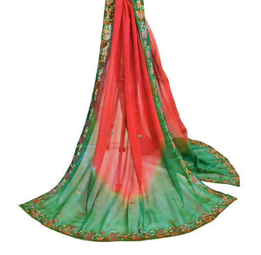 Sushila Vintage Red Green Georgette Silk Dupatta Floral Embroidered Long Stole