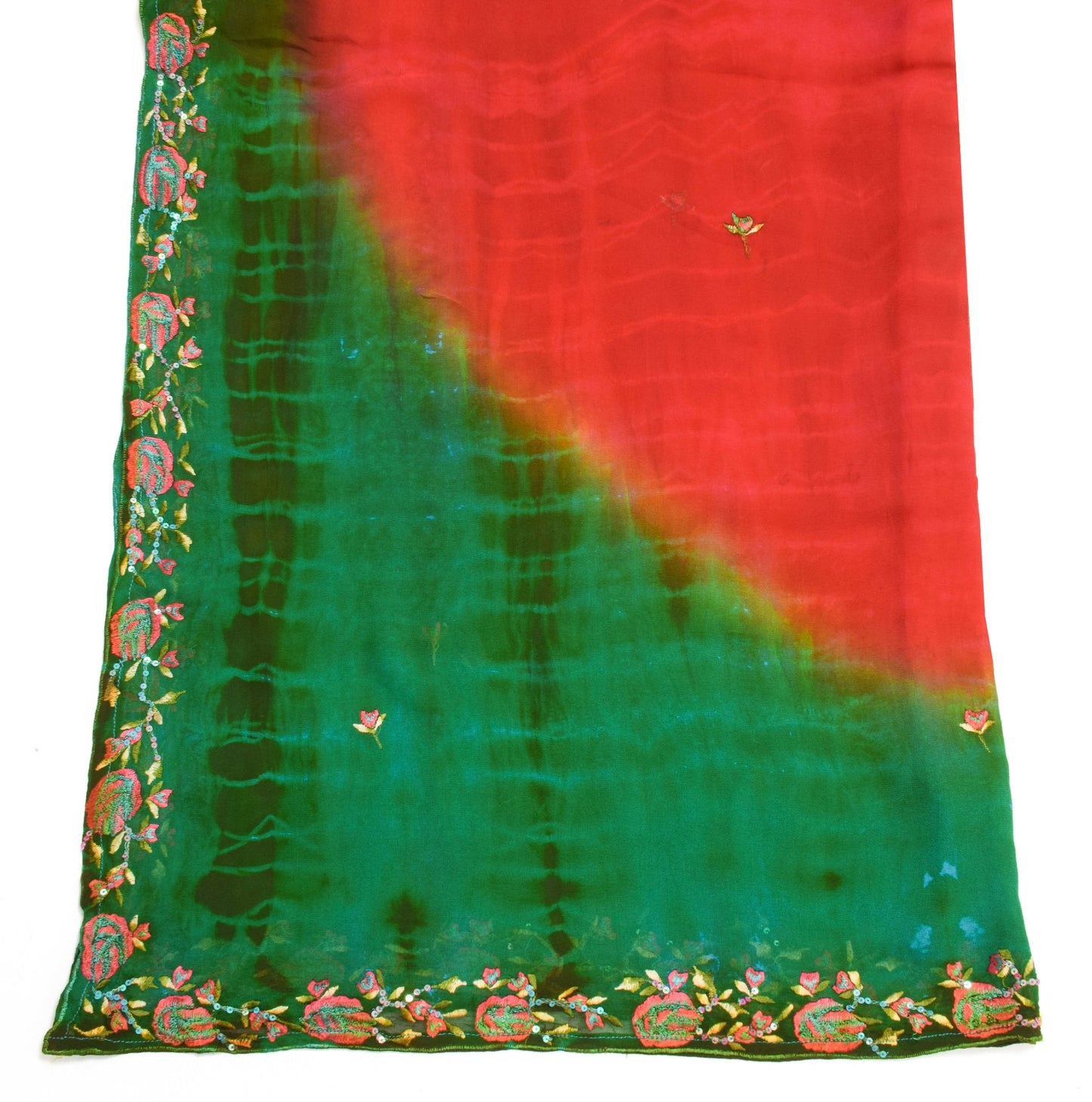 Sushila Vintage Red Green Georgette Silk Dupatta Floral Embroidered Long Stole