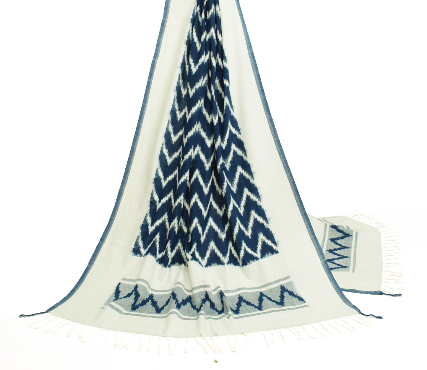 Sushila Vintage Off-White & Blue Dupatta Handloom Pure Cotton Ikat Long Stole