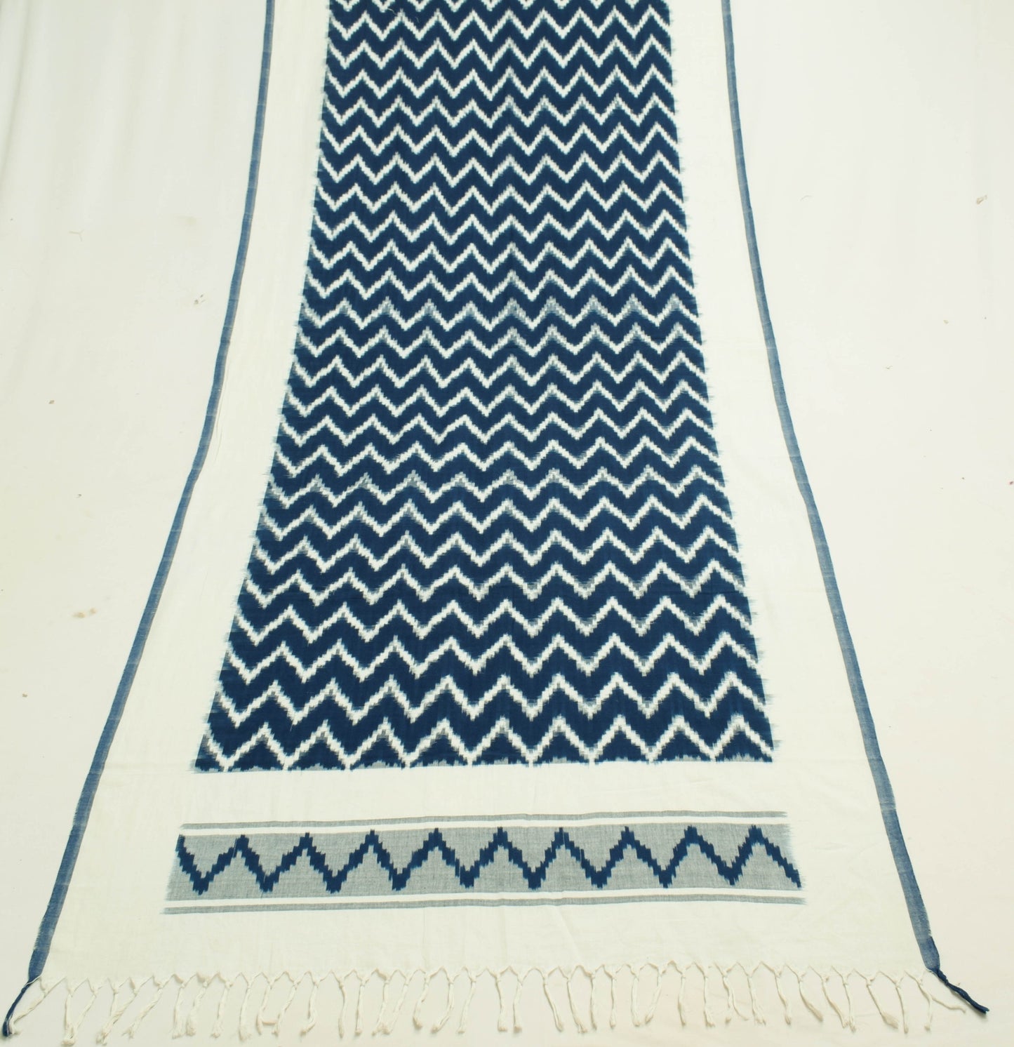 Sushila Vintage Off-White & Blue Dupatta Handloom Pure Cotton Ikat Long Stole