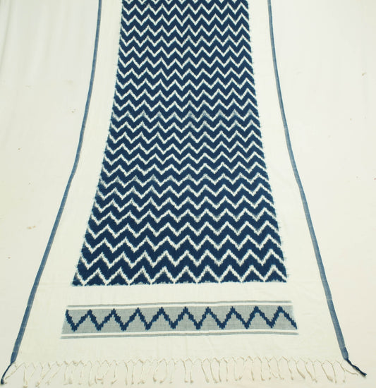 Sushila Vintage Off-White & Blue Dupatta Handloom Pure Cotton Ikat Long Stole