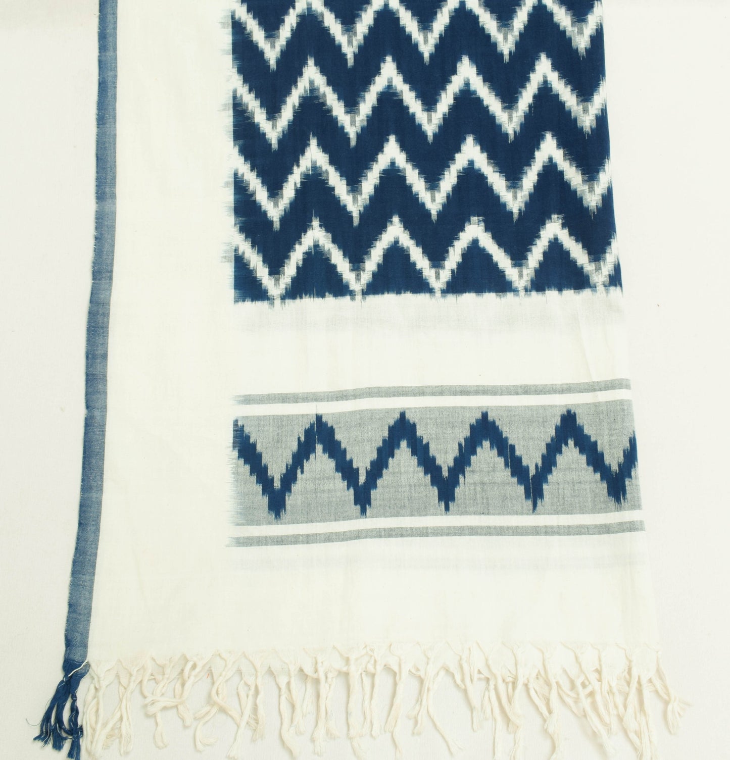 Sushila Vintage Off-White & Blue Dupatta Handloom Pure Cotton Ikat Long Stole