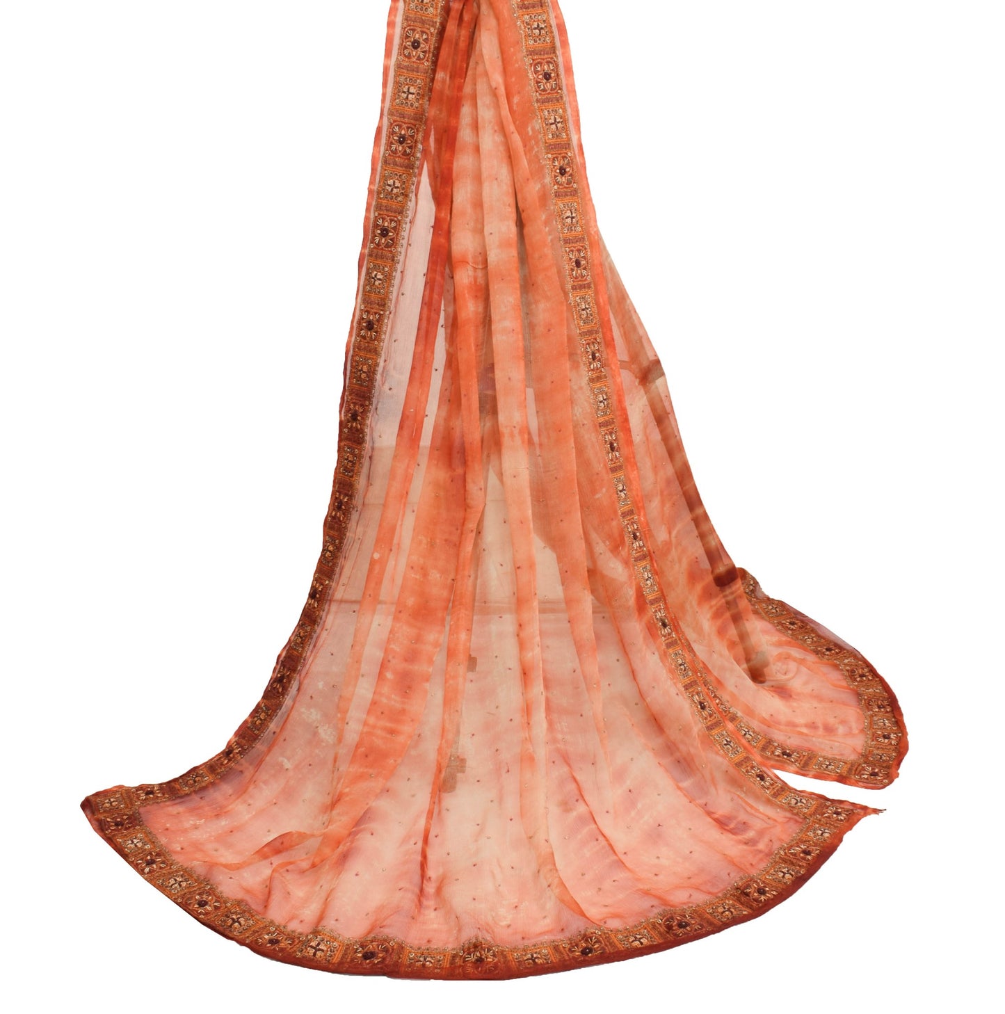 Sushila Vintage Rust Tie-Dye Dupatta Pure Chiffon Silk Embroidered Long Stole