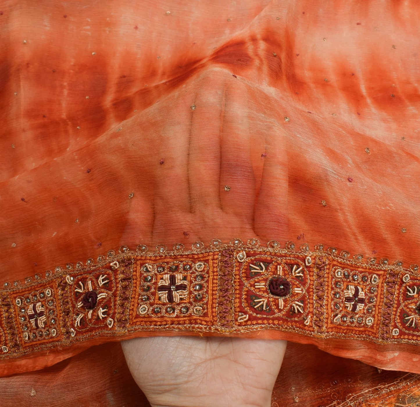Sushila Vintage Rust Tie-Dye Dupatta Pure Chiffon Silk Embroidered Long Stole