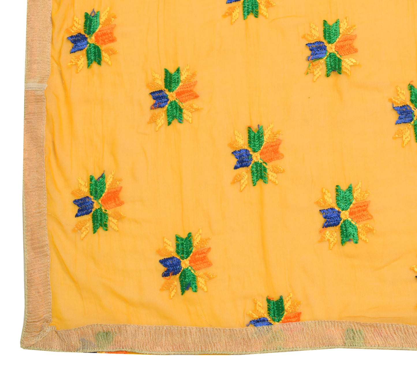 Sushila Vintage Yellow Phulkari Dupatta Chiffon Silk Embroidered Long Stole Veil