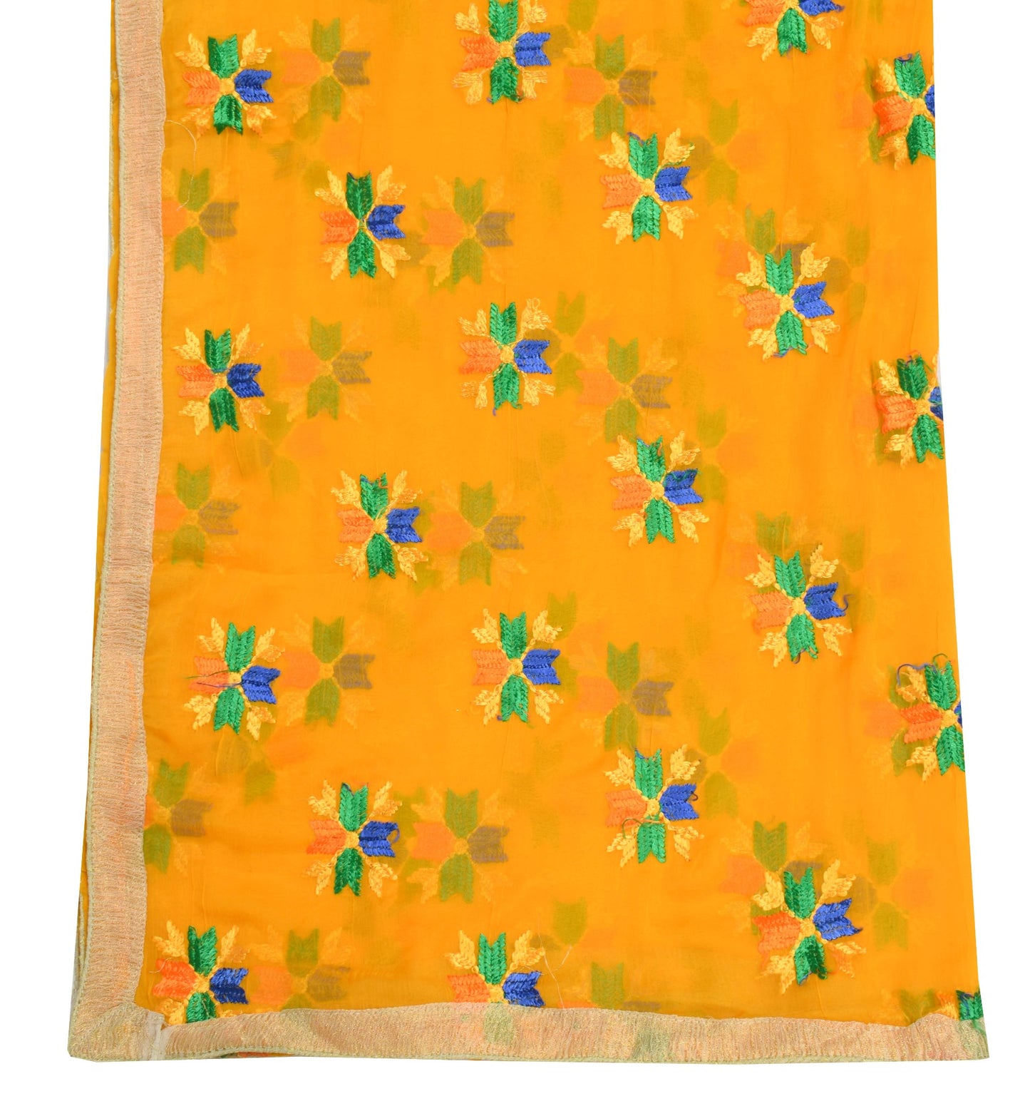 Sushila Vintage Yellow Phulkari Dupatta Chiffon Silk Embroidered Long Stole Veil