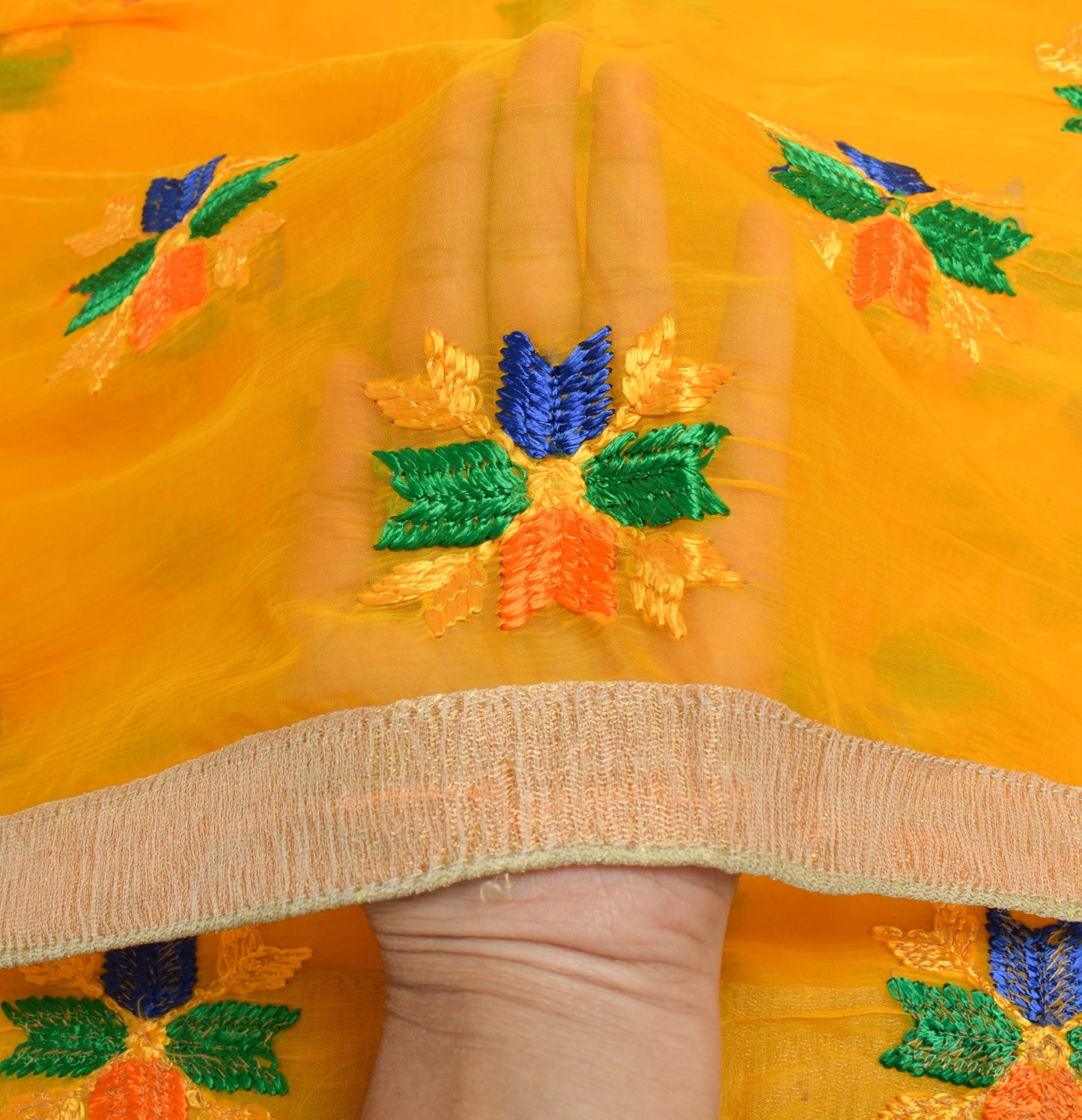 Sushila Vintage Yellow Phulkari Dupatta Chiffon Silk Embroidered Long Stole Veil