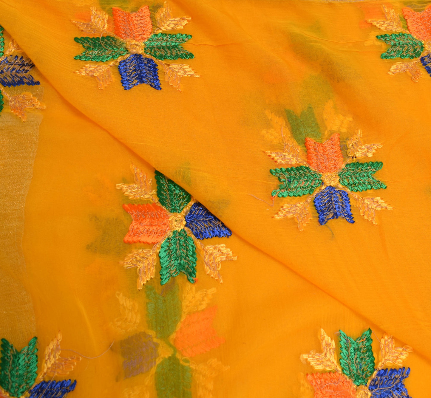 Sushila Vintage Yellow Phulkari Dupatta Chiffon Silk Embroidered Long Stole Veil