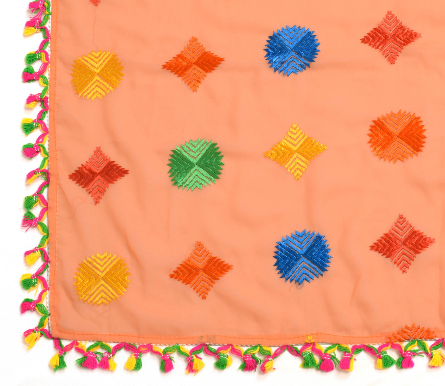 Sushila Vintage Dark Peach Dupatta Georgette Silk Phulkari Long Stole Veil Wrap