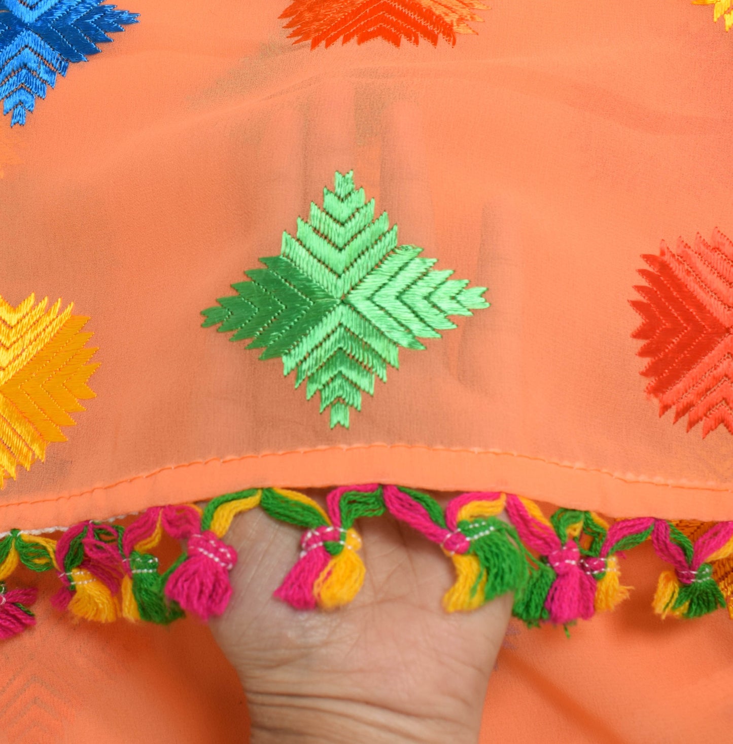 Sushila Vintage Dark Peach Dupatta Georgette Silk Phulkari Long Stole Veil Wrap