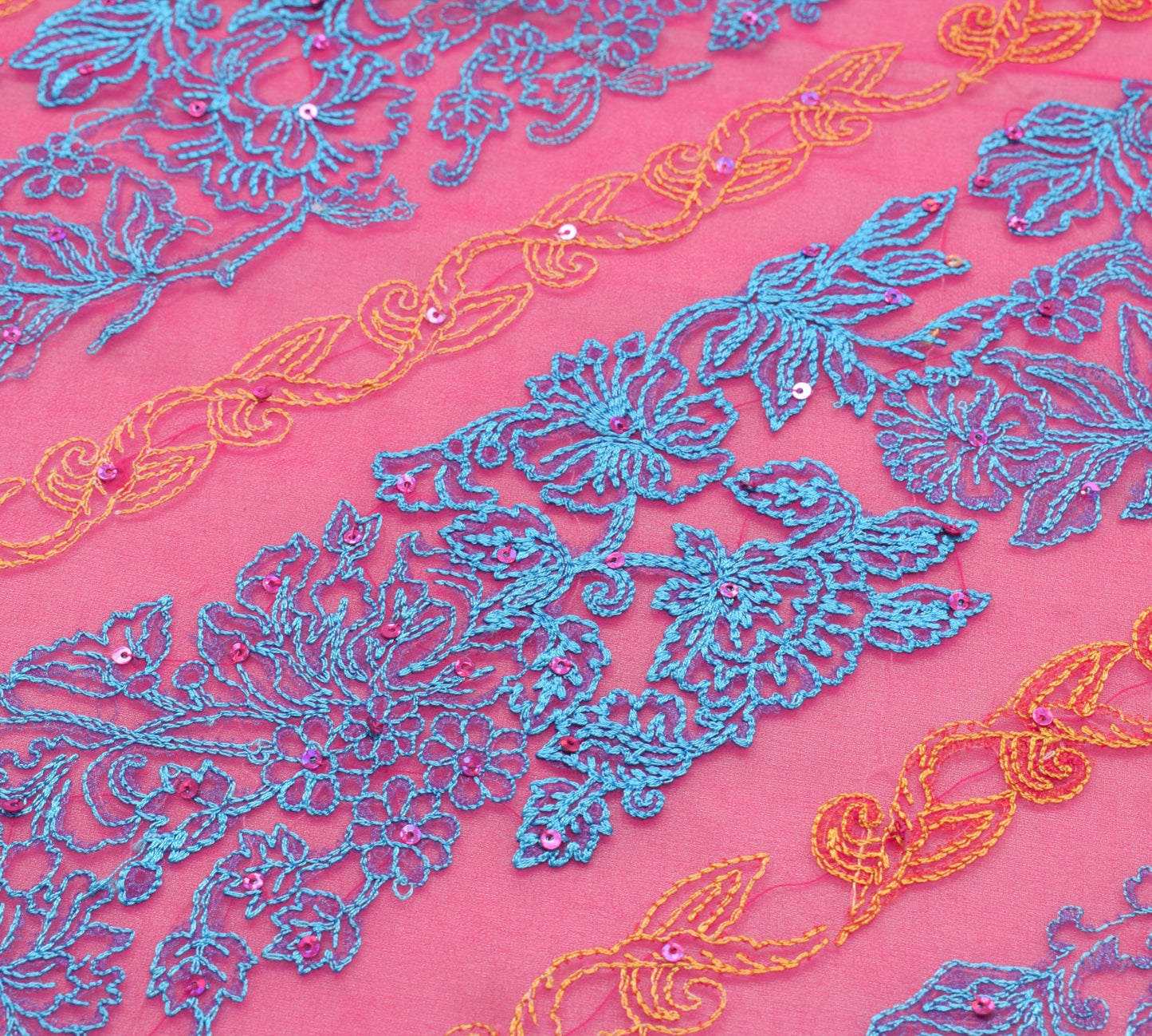 Sushila Vintage Hot Pink Dupatta Georgette Silk Floral Embroidered Long Stole