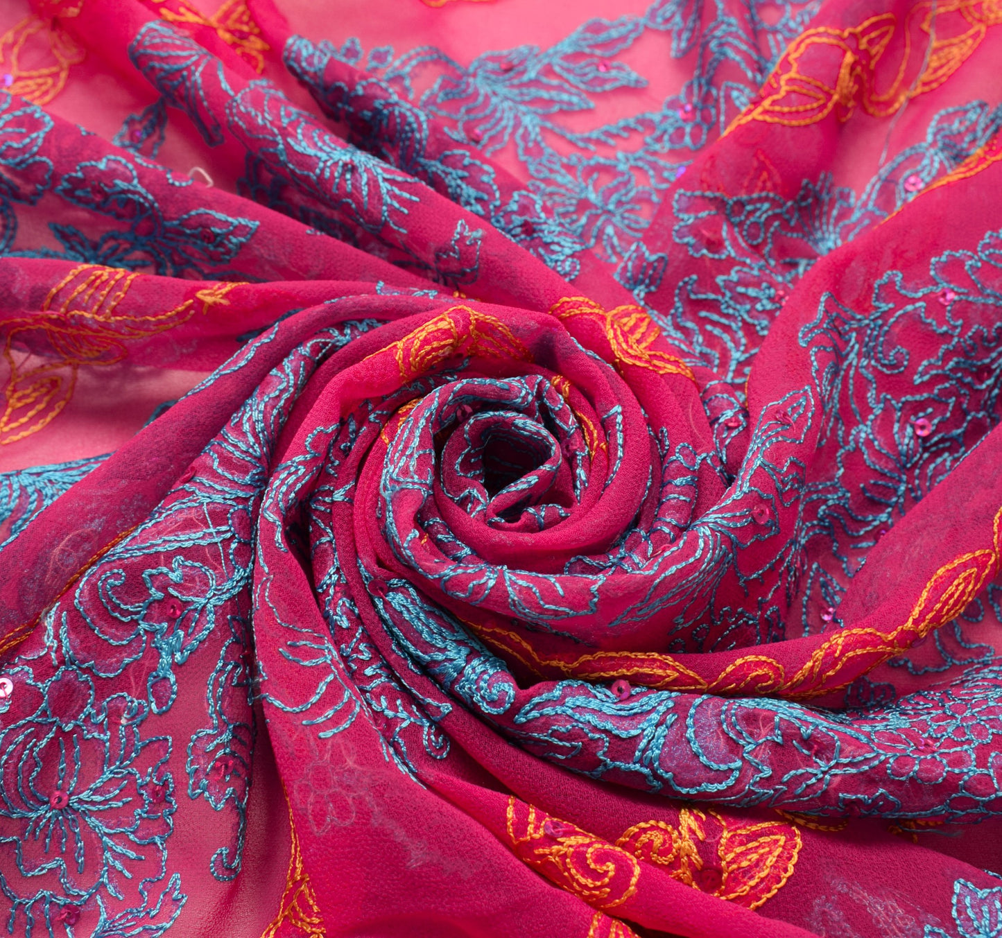 Sushila Vintage Hot Pink Dupatta Georgette Silk Floral Embroidered Long Stole