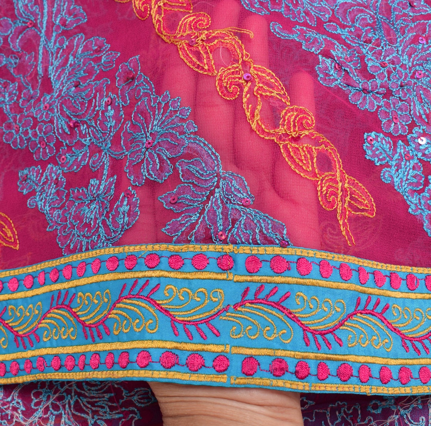 Sushila Vintage Hot Pink Dupatta Georgette Silk Floral Embroidered Long Stole