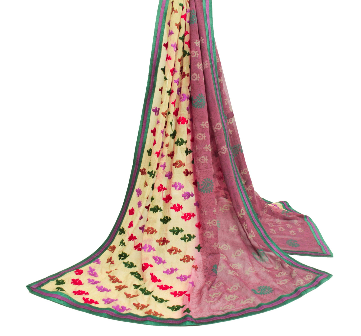 Sushila Vintage Purple Cream Dupatta Pure Georgette Hand Embroidered  Long Stole
