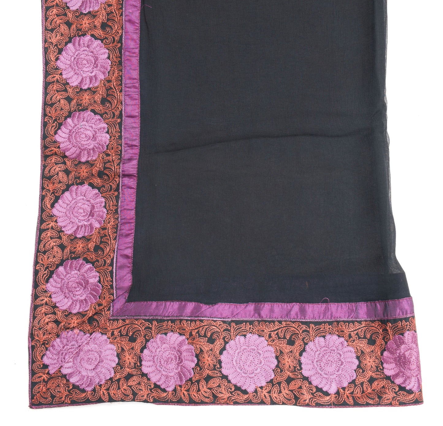 Sushila Vintage Black Chiffon Dupatta Embroidered Floral Patch Work Long Stole