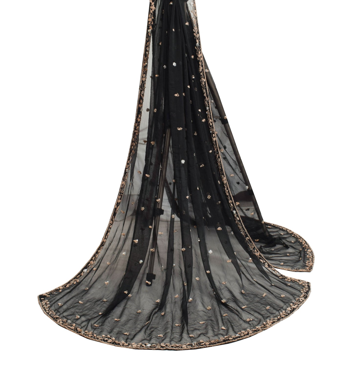 Sushila Vintage Black Zardozi Work Dupatta Chiffon Silk Floral Long Stole Hijab