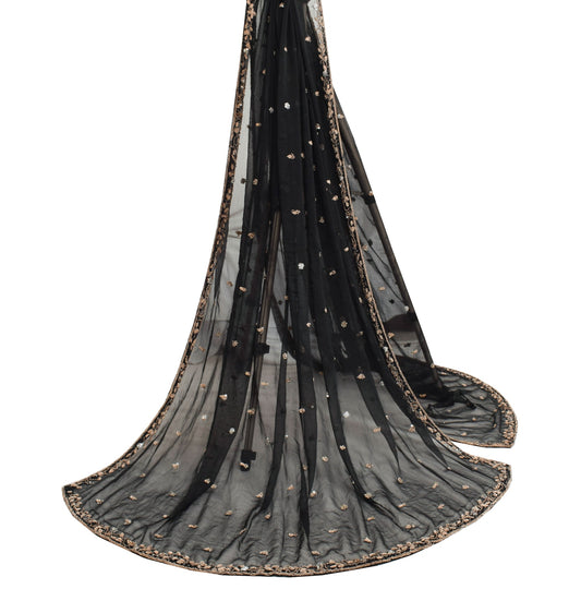 Sushila Vintage Black Zardozi Work Dupatta Chiffon Silk Floral Long Stole Hijab
