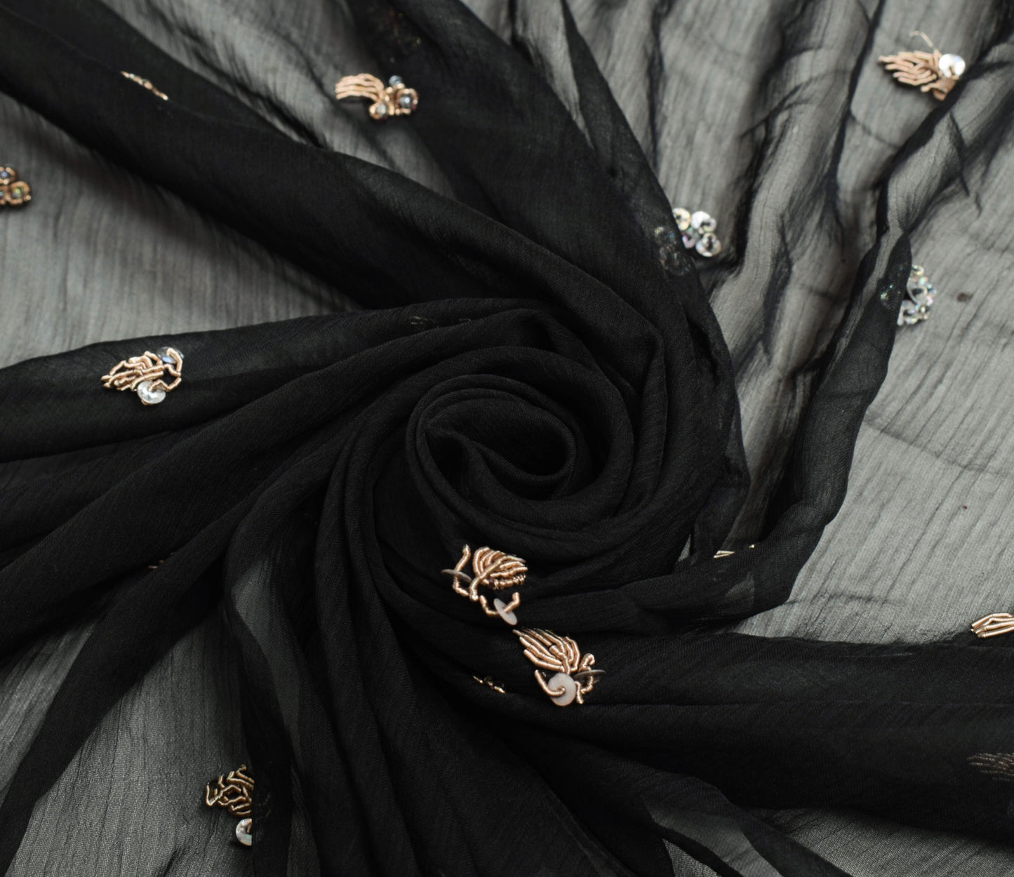 Sushila Vintage Black Zardozi Work Dupatta Chiffon Silk Floral Long Stole Hijab