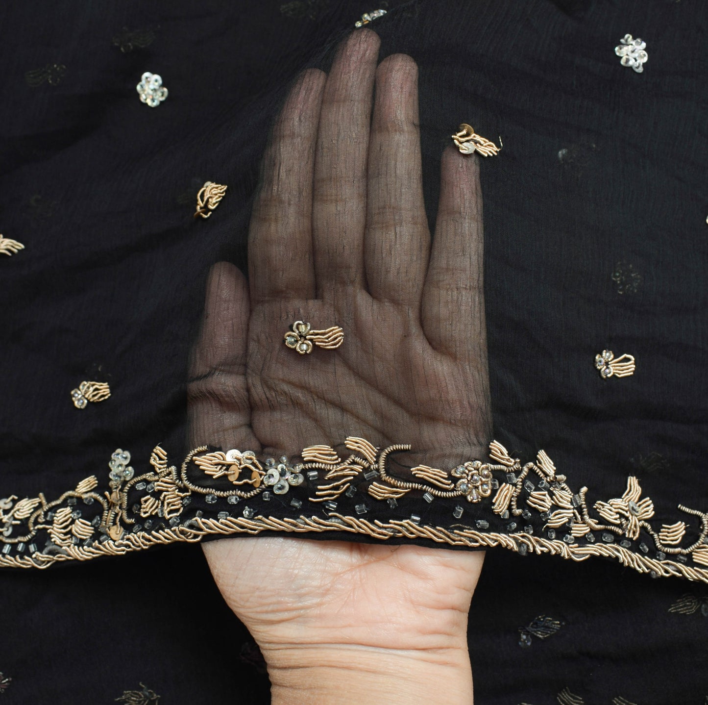 Sushila Vintage Black Zardozi Work Dupatta Chiffon Silk Floral Long Stole Hijab