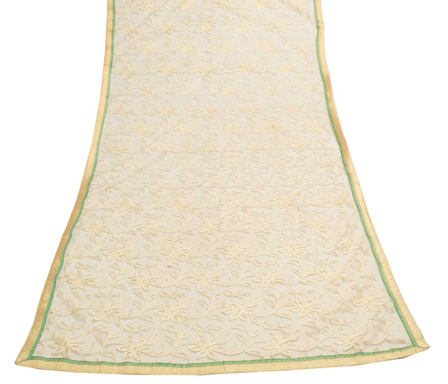 Sushila Vintage Cream Net Mesh Dupatta Embroidered Floral Traditional Long Stole