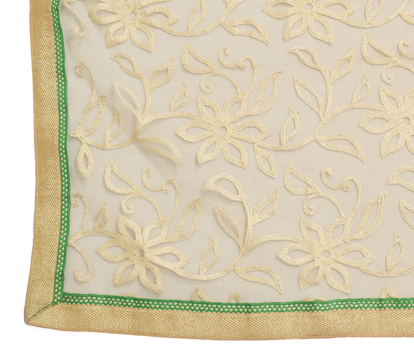 Sushila Vintage Cream Net Mesh Dupatta Embroidered Floral Traditional Long Stole