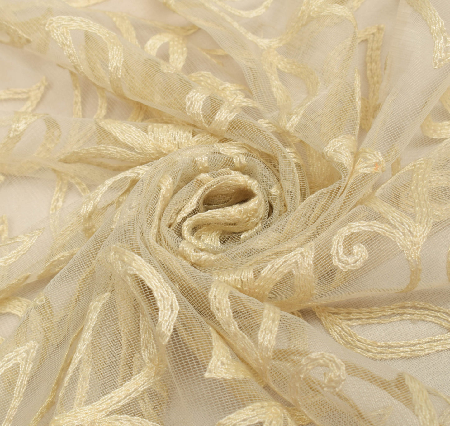 Sushila Vintage Cream Net Mesh Dupatta Embroidered Floral Traditional Long Stole