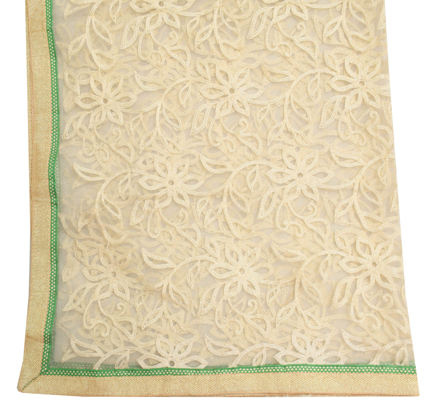 Sushila Vintage Cream Net Mesh Dupatta Embroidered Floral Traditional Long Stole