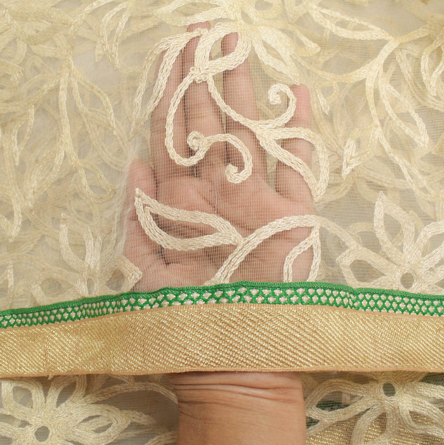 Sushila Vintage Cream Net Mesh Dupatta Embroidered Floral Traditional Long Stole