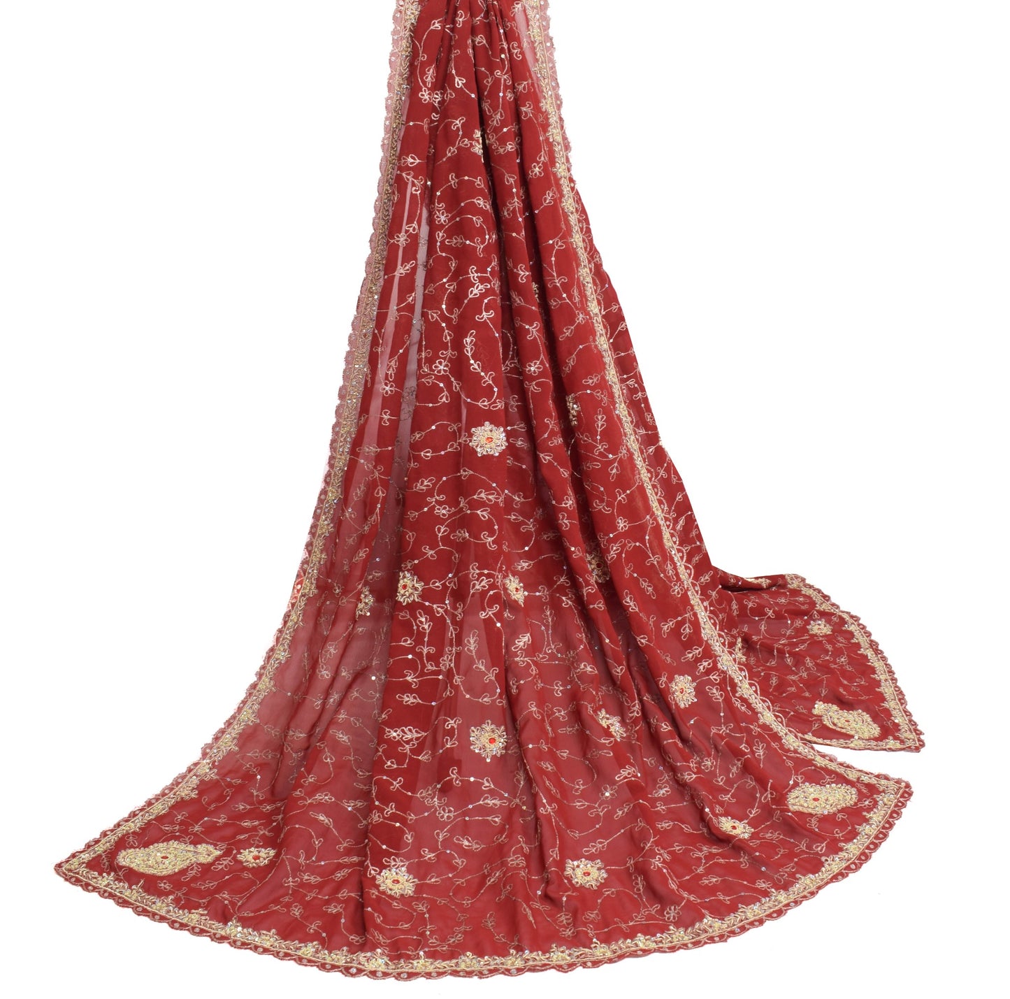 Sushila Vintage Maroon Wedding Dupatta Georgette Silk Hand Beaded Long Stole