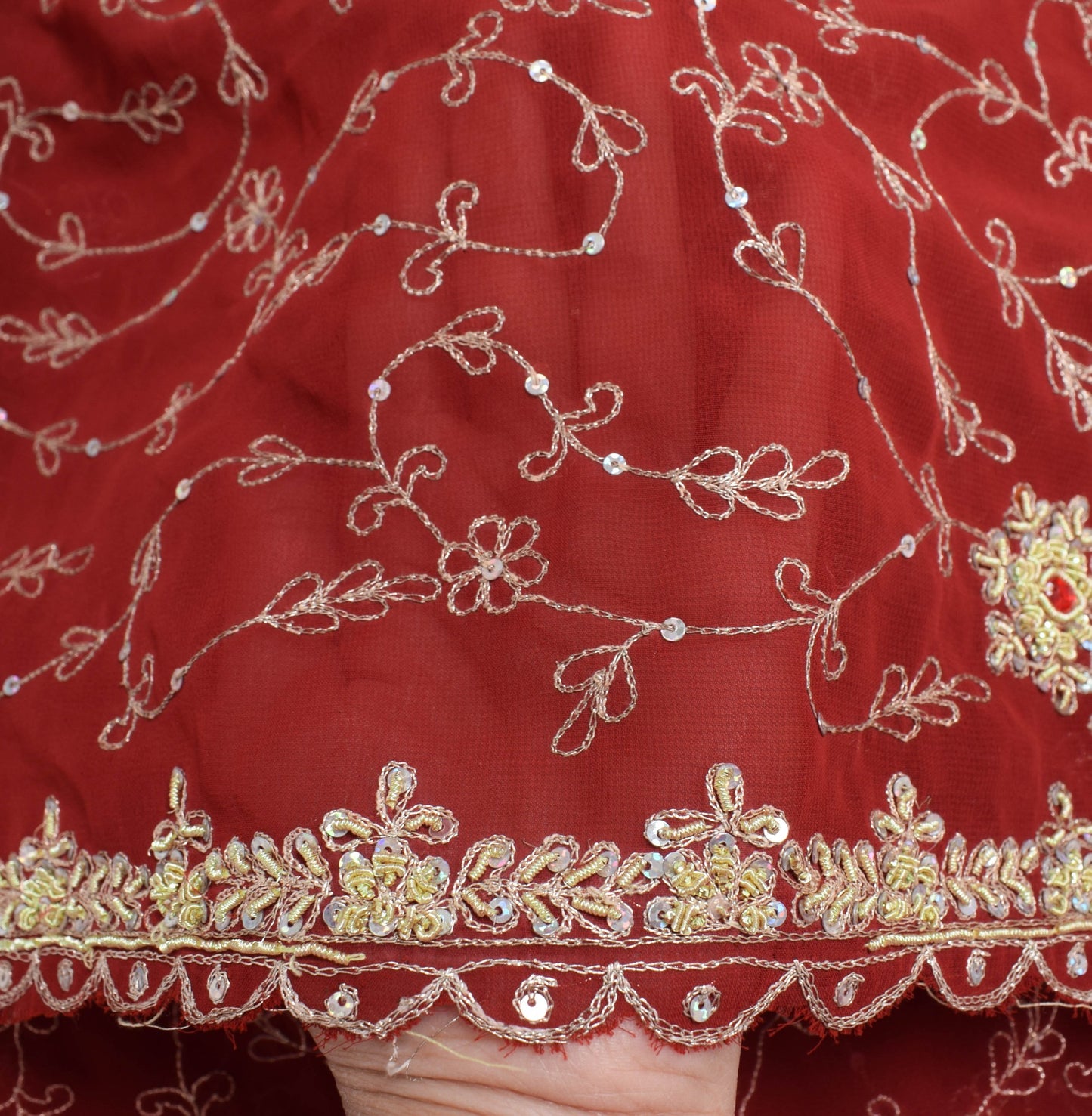 Sushila Vintage Maroon Wedding Dupatta Georgette Silk Hand Beaded Long Stole