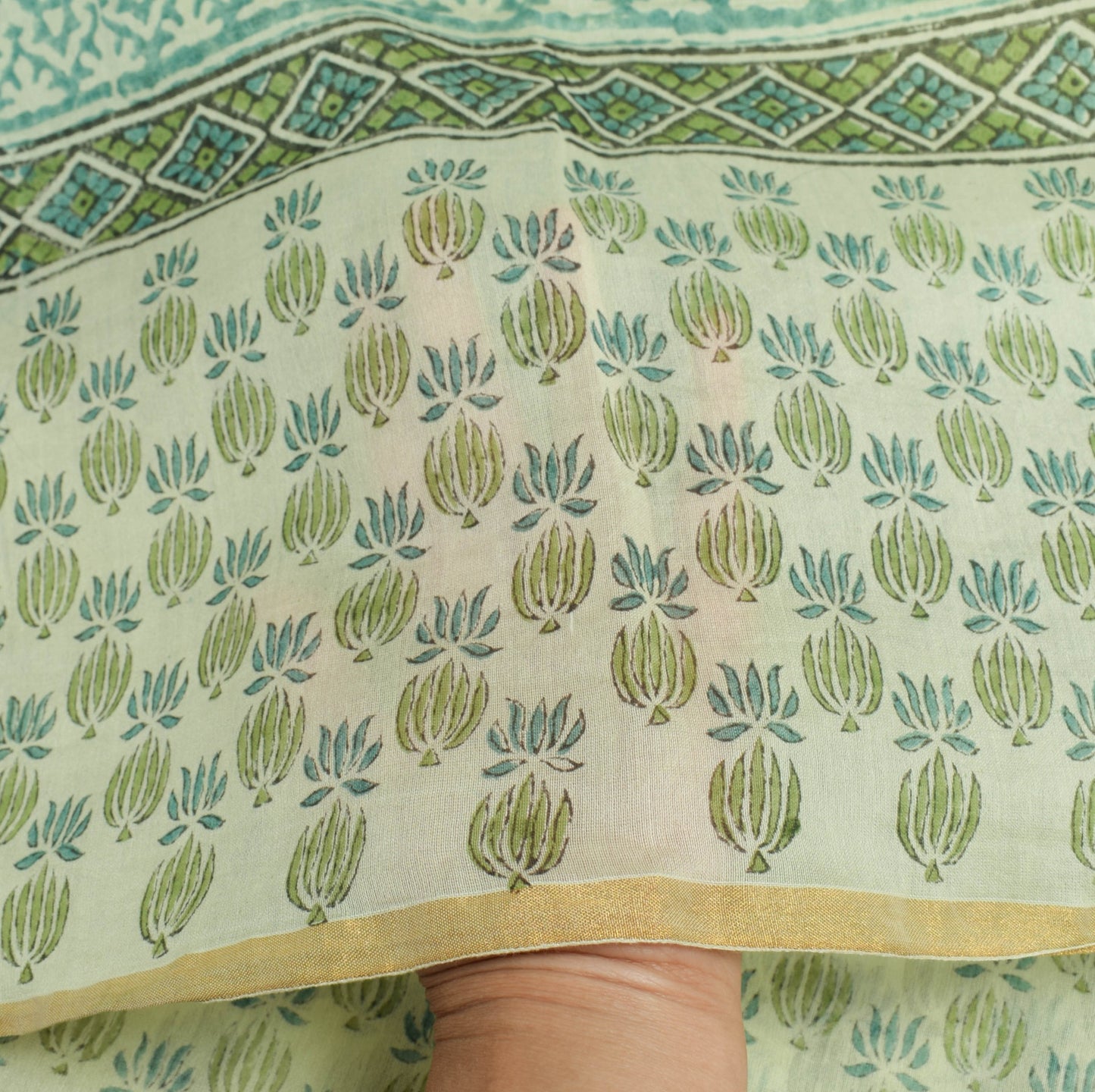 Sushila Vintage Light Green Cotton Dupatta Hand Block printed Floral Long Stole