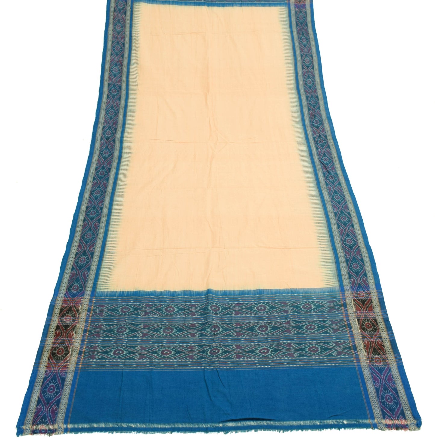 Sushila Vintage Beige 100% Pure Cotton Dupatta Hand Woven Ikat Long Stole Wrap
