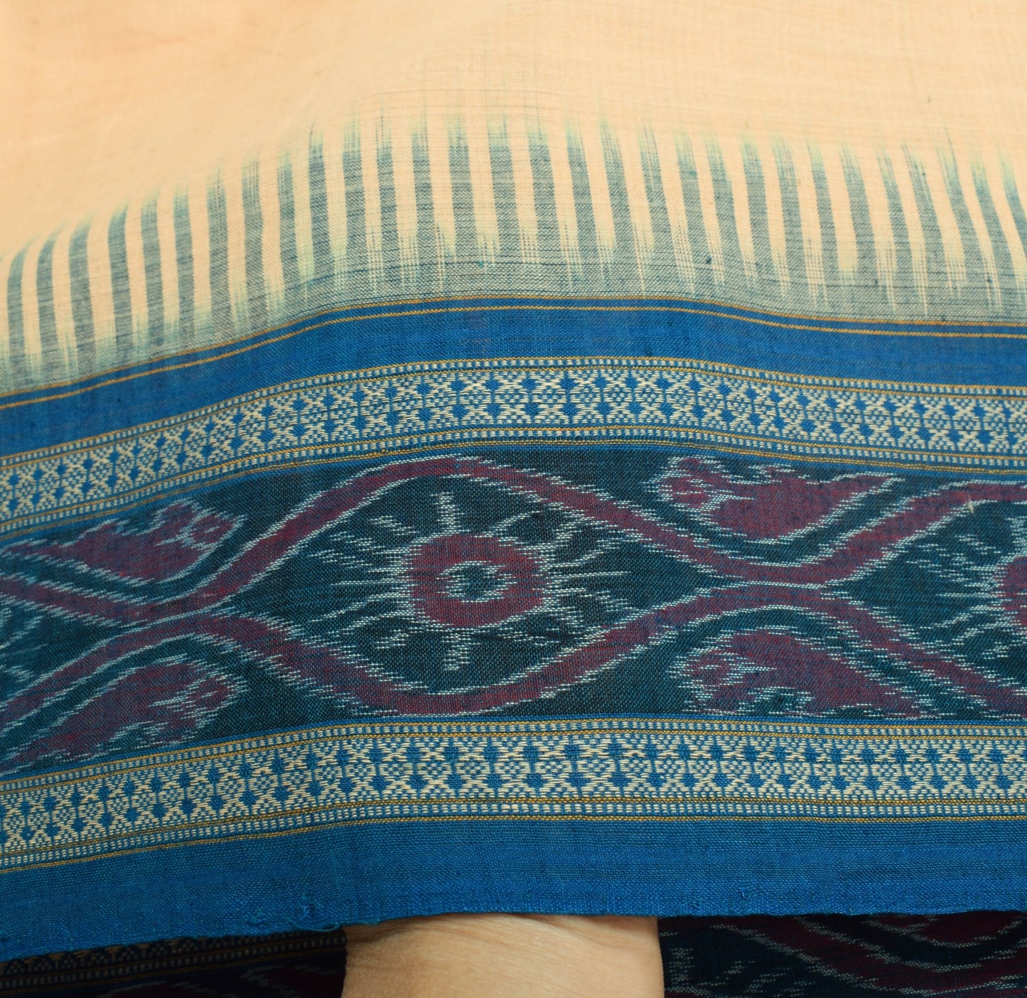 Sushila Vintage Beige 100% Pure Cotton Dupatta Hand Woven Ikat Long Stole Wrap