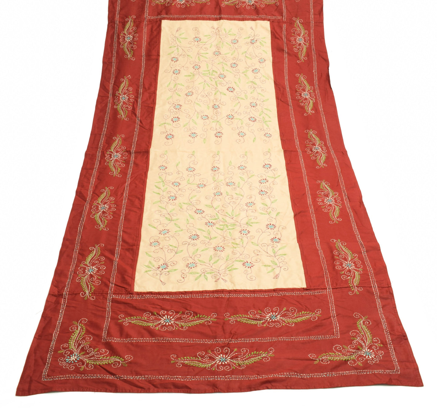 Sushila Vintage Beige Maroon Floral Dupatta Hand Embroidered Cotton Long Stole