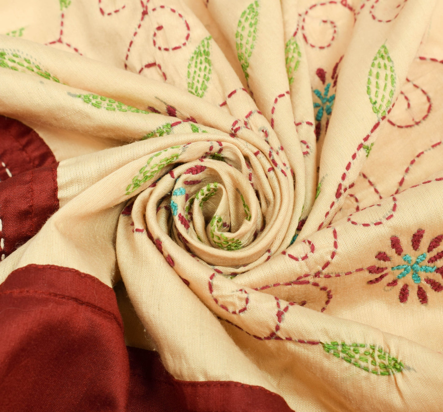 Sushila Vintage Beige Maroon Floral Dupatta Hand Embroidered Cotton Long Stole