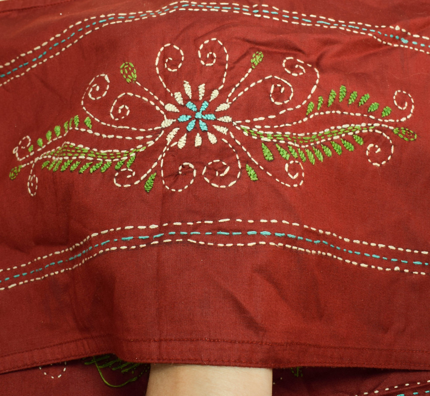 Sushila Vintage Beige Maroon Floral Dupatta Hand Embroidered Cotton Long Stole