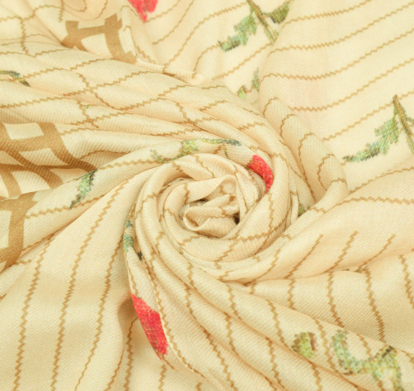 Sushila Vintage Beige Floral Dupatta 100% Pure Woolen Printed Long Stole Hijab