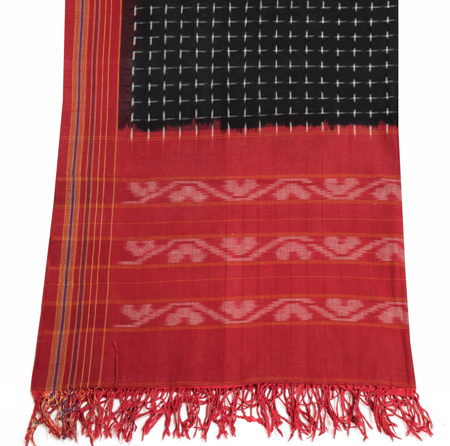 Sushila Vintage Black Maroon Dupatta 100% Pure Cotton Hand Woven Ikat Long Stole