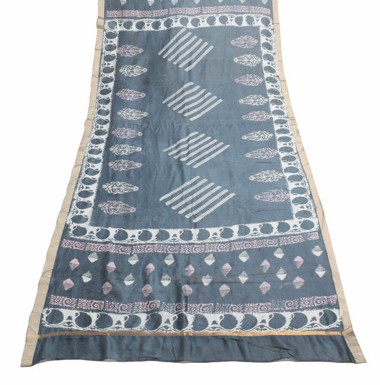 Sushila Vintage Dark Gray Dupatta 100% Pure Cotton Hand Block Printed Long Stole