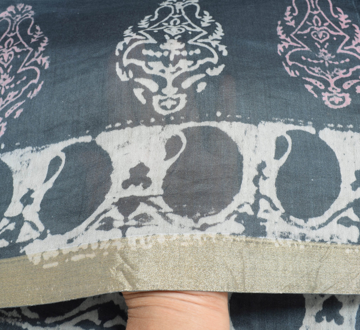 Sushila Vintage Dark Gray Dupatta 100% Pure Cotton Hand Block Printed Long Stole